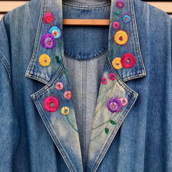 VTG Color Me Cotton Blue Denim Duster Coat Embroidered Flowers/ Buttons  L/XL - Picture 3 of 16
